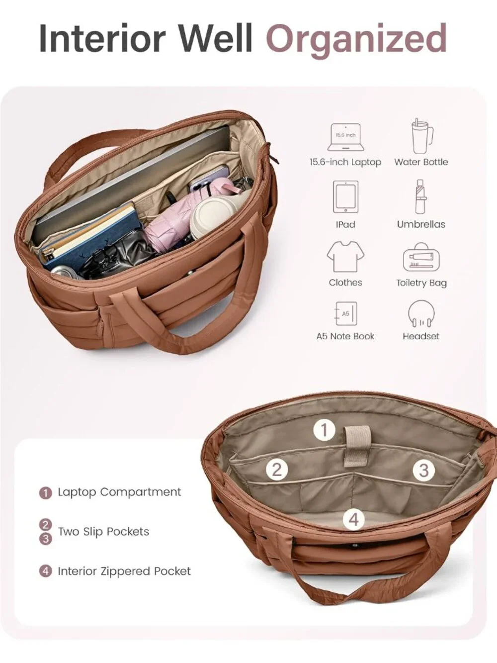 👜Women's Pecan Brown Quilted Puffer Tote Bag Zipper Work Bag With Compartments